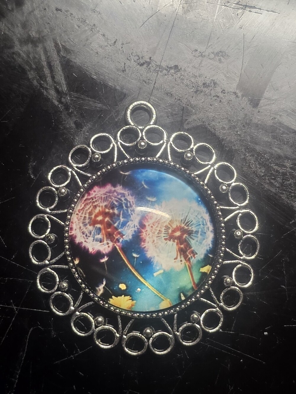 Silver Tone Pendant W Dandelion View Of Mother Earth & Nature
